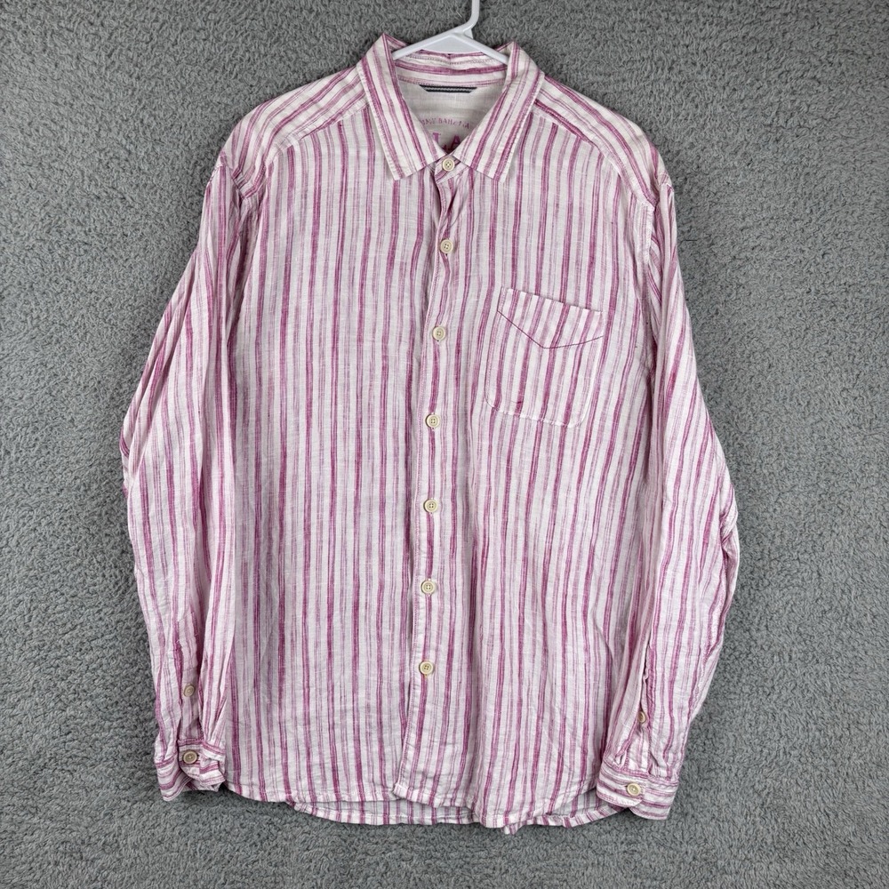 Tommy Bahama Shirt Mens L Pink Stripe Linen Long Sleeve Beach Relax Beach - Picture 2 of 7